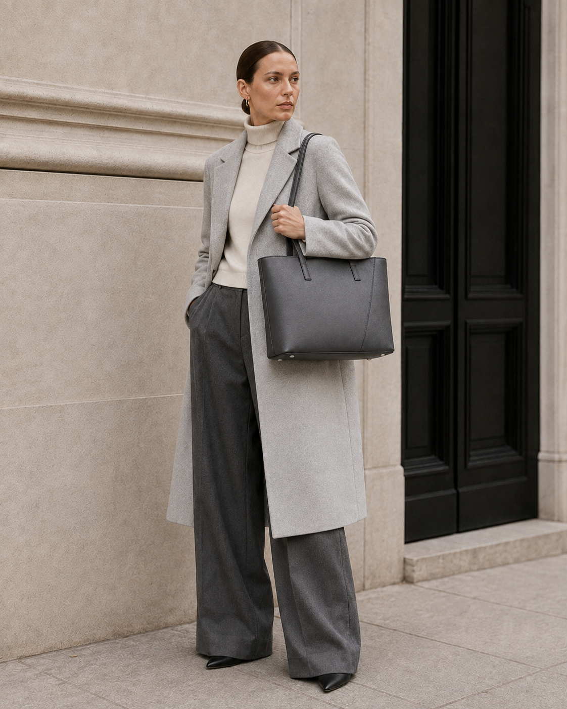 Model carries the graphite MUYLOTTA ML-TT10 tote bag. #graphite