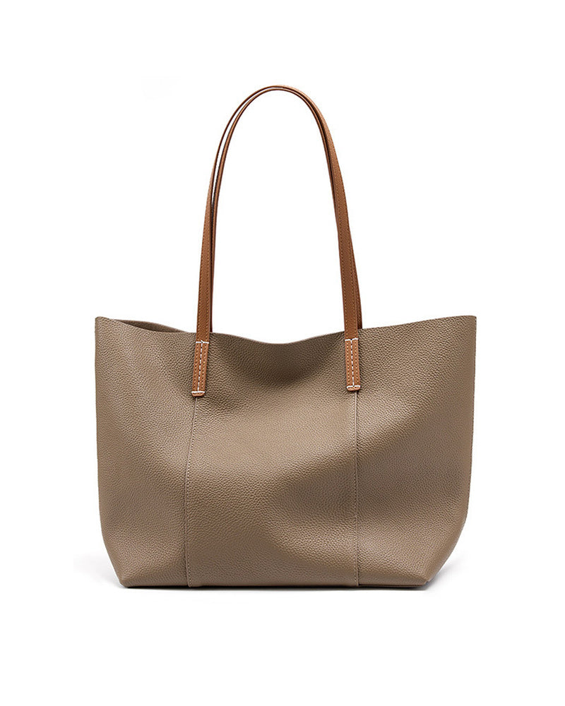 #Gray Pebbled Top-Grain Leather Tote Shoulder Bag