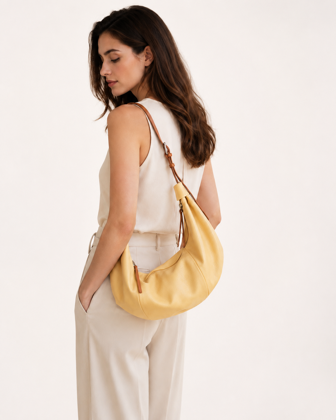 #Yellow Top-Grain Leather Crescent Hobo Shoulder Bag worn by model with slim shoulder strap