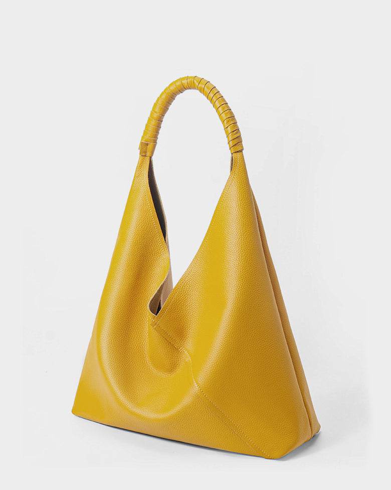 #Yellow pebbled leather slouchy hobo tote bag with wrapped single shoulder handle