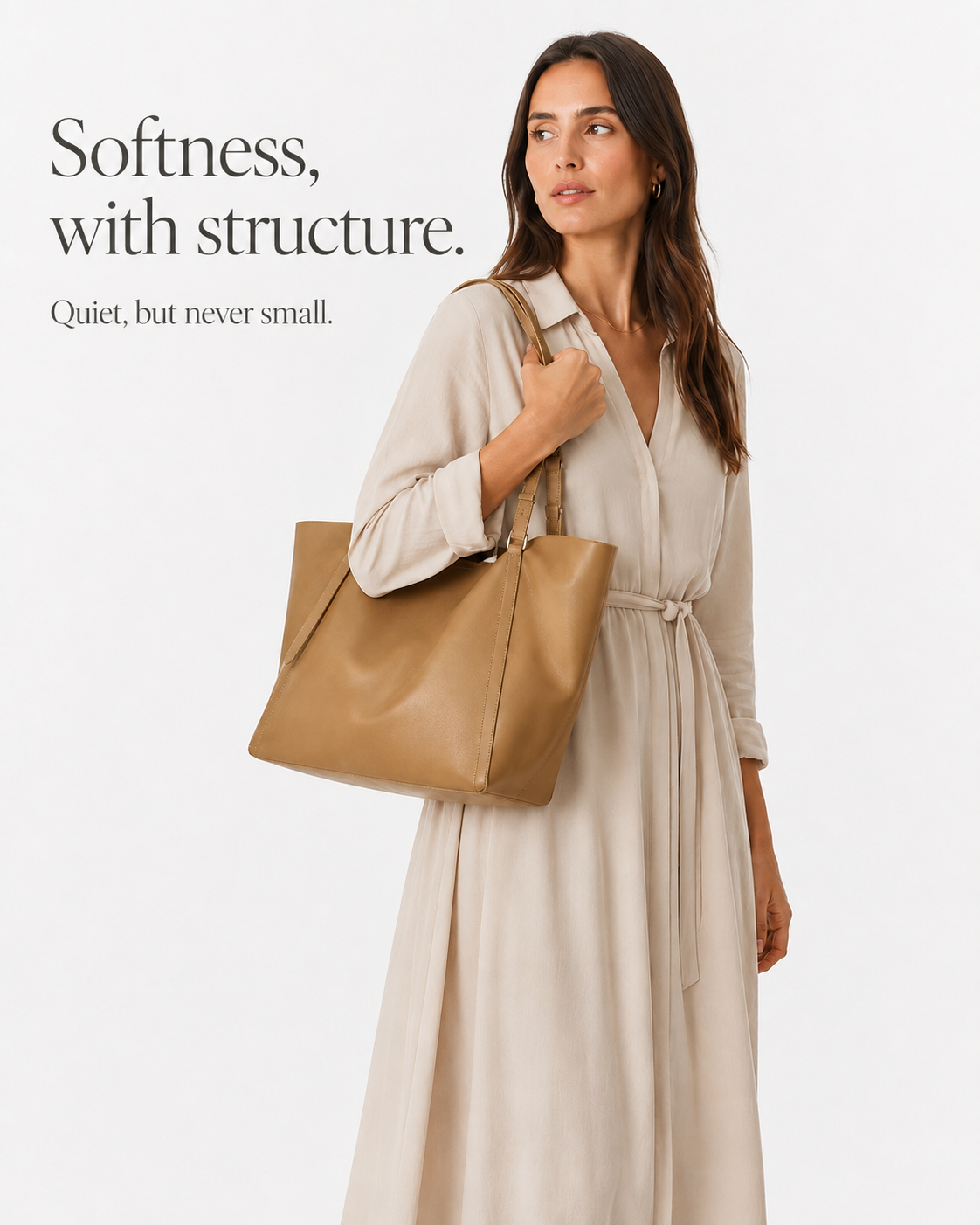 #Khaki soft leather shoulder tote bag 