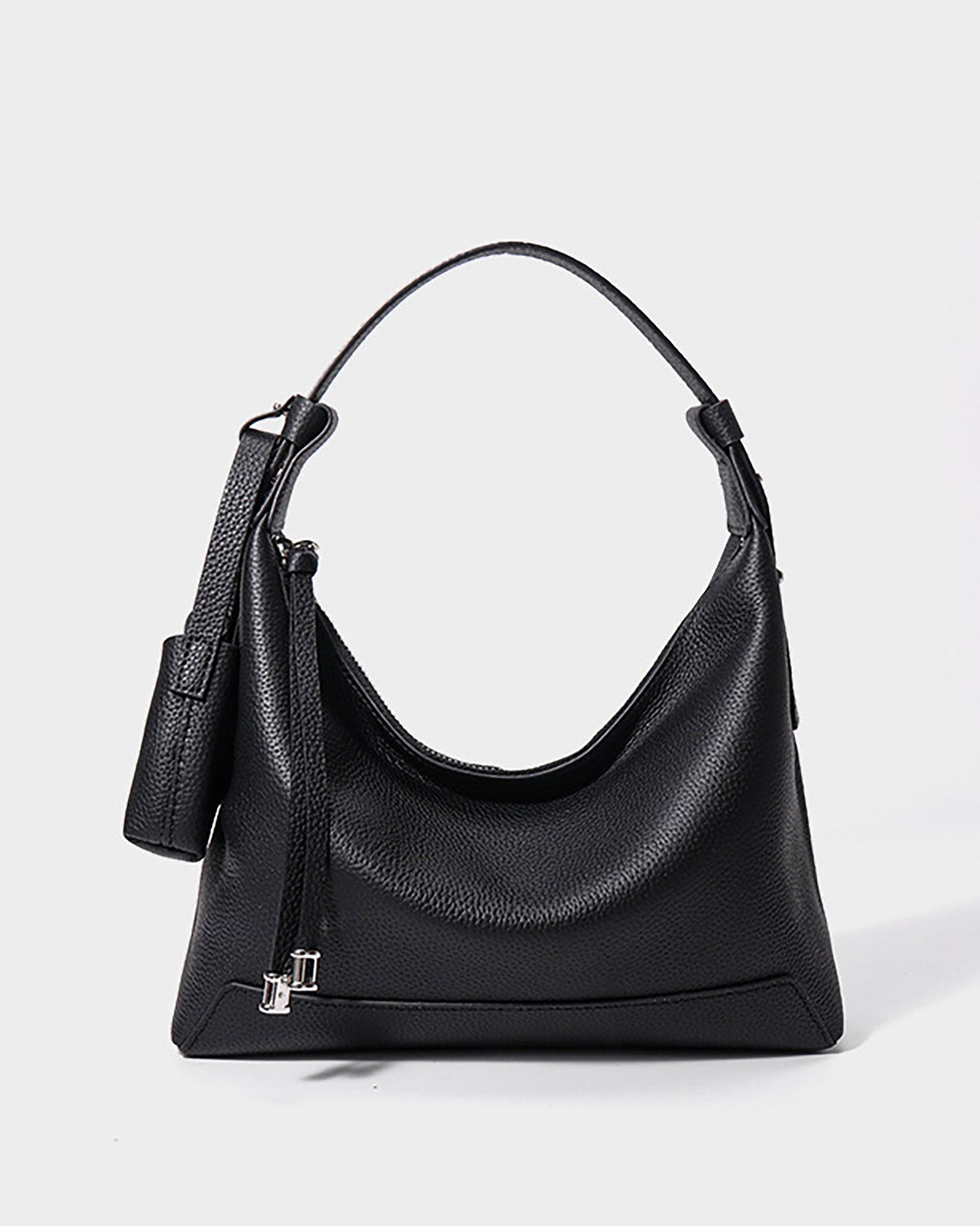 #Black pebbled leather hobo shoulder bag with zip closure and mini pouch