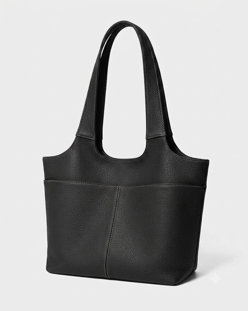 #Black pebbled leather shoulder tote bag side back view with exterior pocket detail