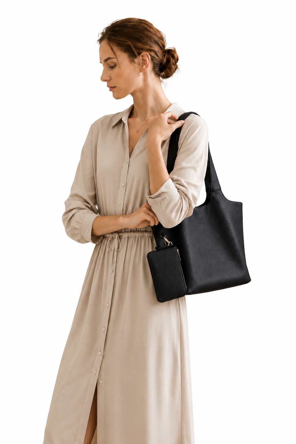 #Black pebbled leather shoulder tote bag styled on model for everyday commuting