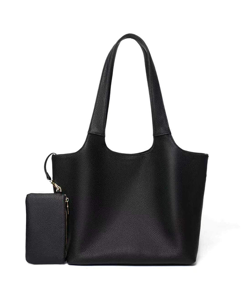 #Black pebbled leather shoulder tote bag with detachable pouch front view