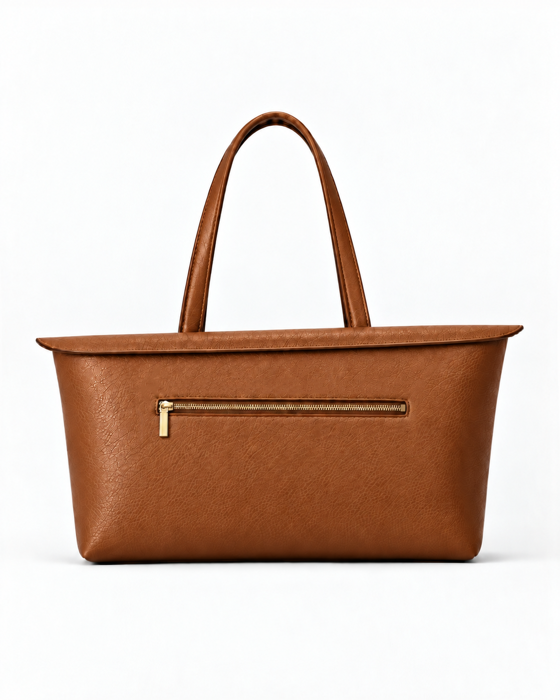 Rear view of the MUY LOTTA Floating Eave Span Cognac tote with exterior zip pocket.