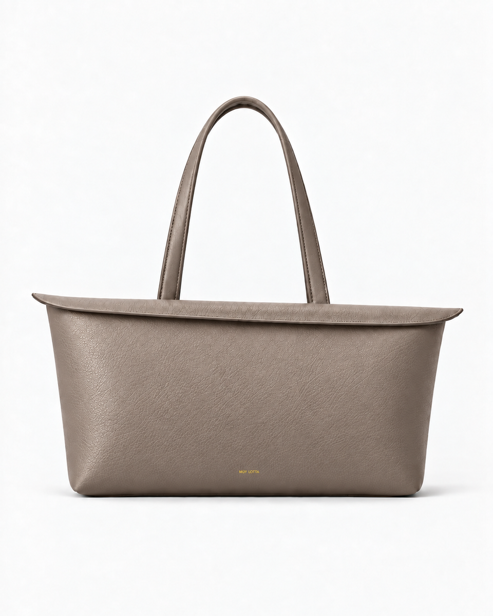 MUY LOTTA Floating Eave Span Limestone Taupe leather tote, front product view.