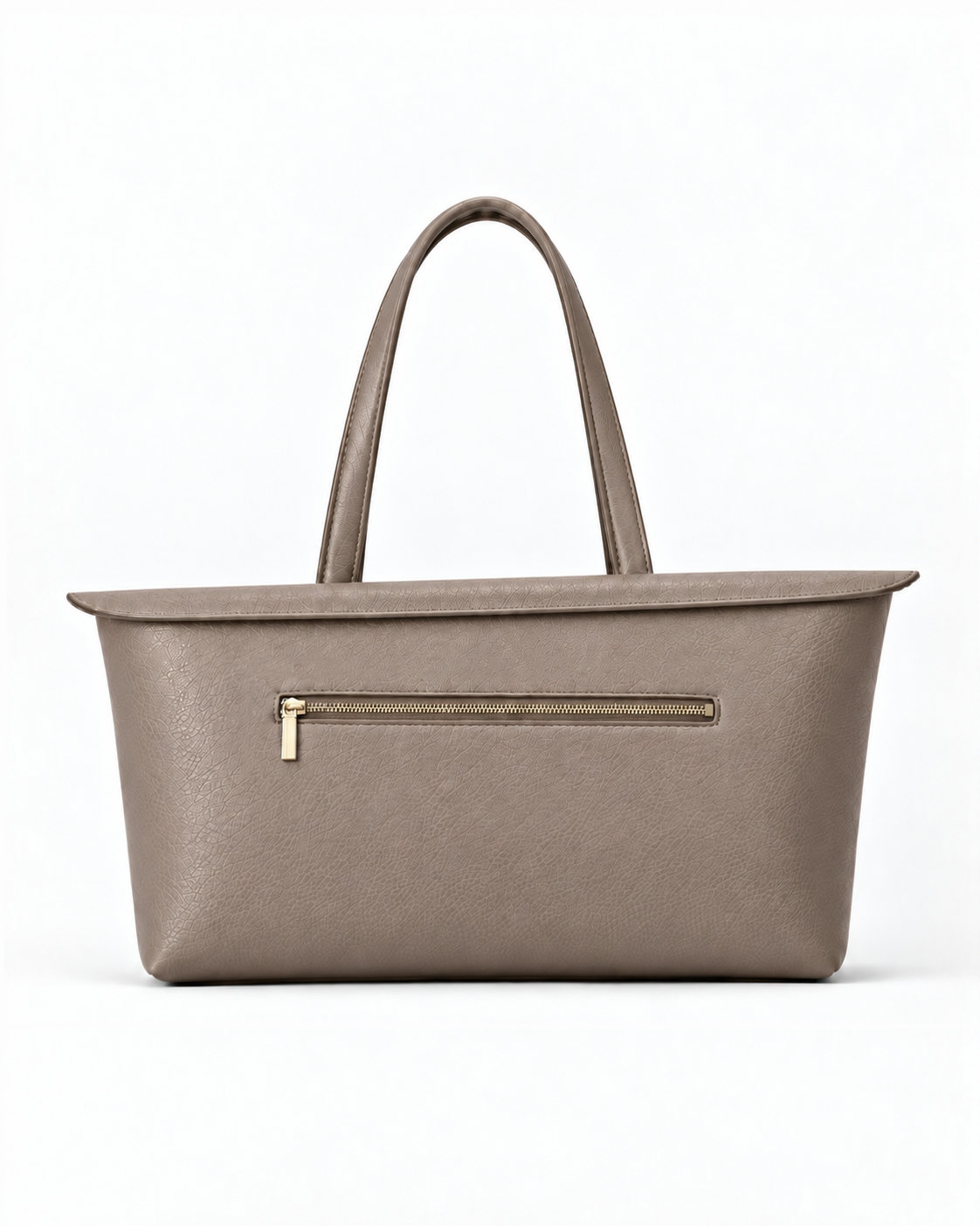 Rear view of the MUY LOTTA Floating Eave Span Limestone Taupe tote with exterior zip pocket.