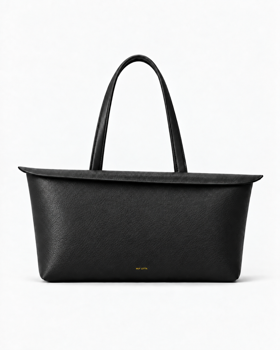 MUY LOTTA Floating Eave Span Soft Black leather tote, front product view.