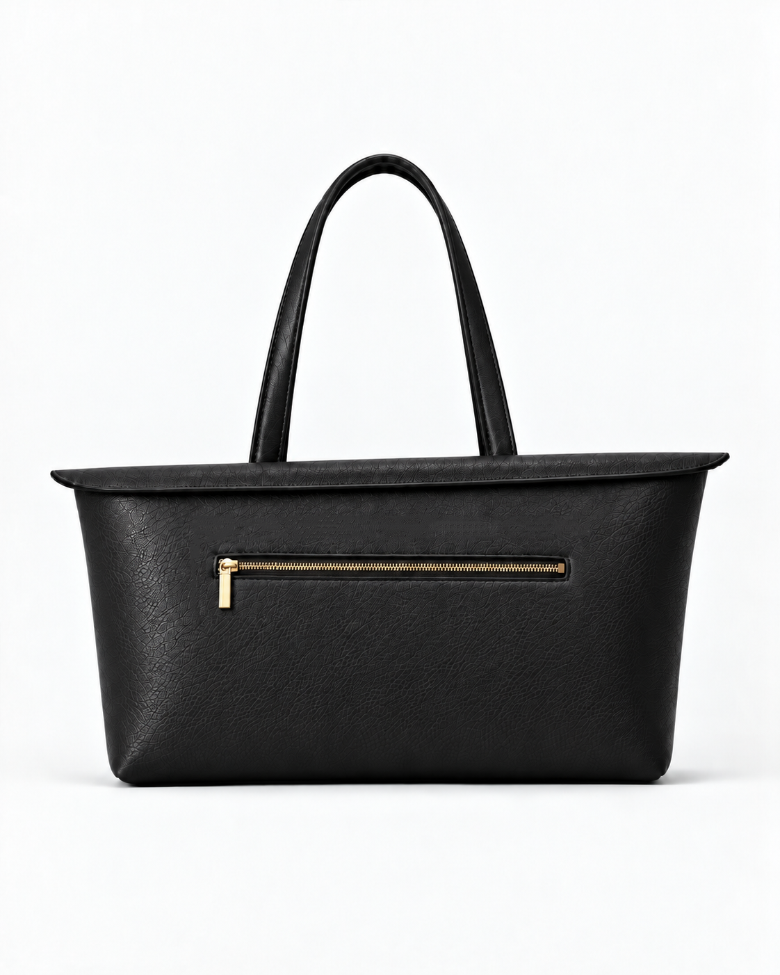 Rear view of the MUY LOTTA Floating Eave Span Soft Black tote with exterior zip pocket.