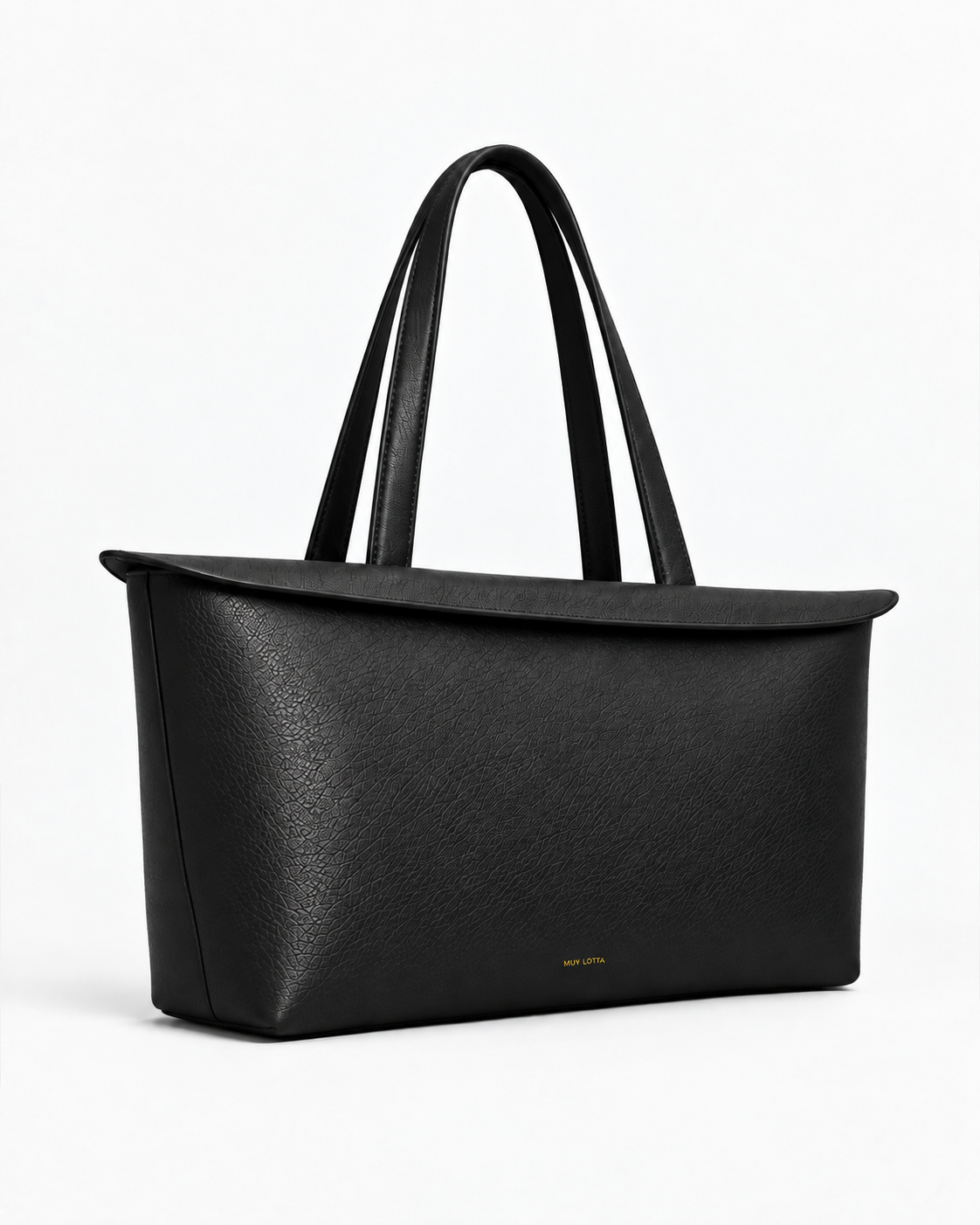 Three-quarter side view of the MUY LOTTA Floating Eave Span Soft Black leather tote.