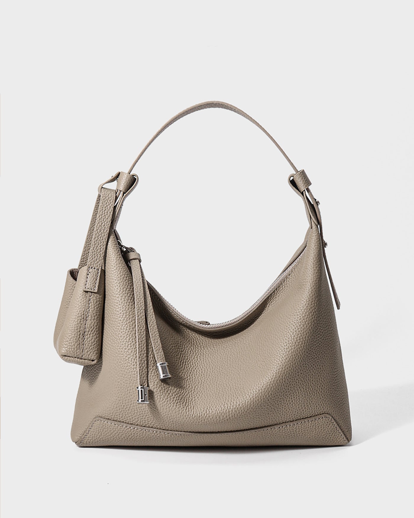 #Gray pebbled leather hobo shoulder bag with zip closure and mini pouch