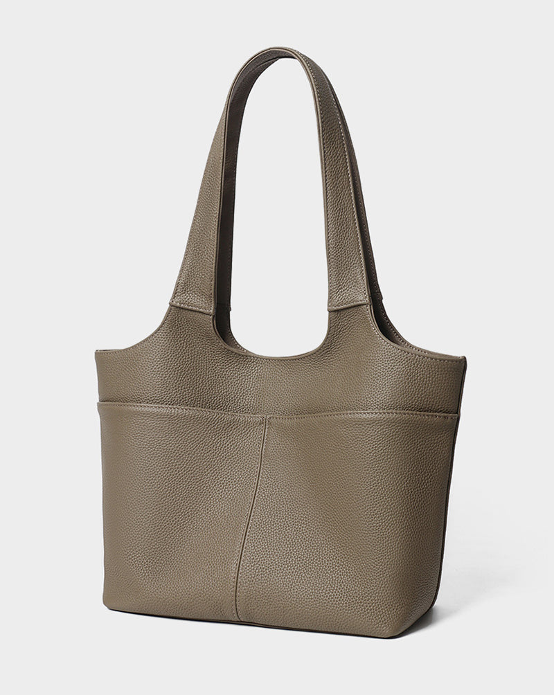 #Gray pebbled leather shoulder tote bag side back view with exterior pocket detail