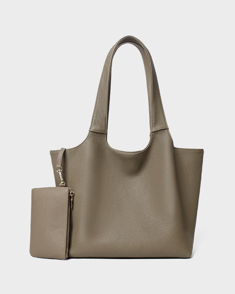 #Gray pebbled leather shoulder tote bag with detachable pouch front view
