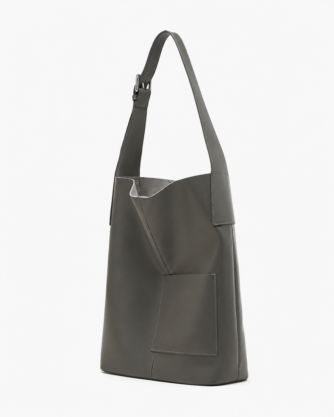 #Gray Top-Grain Leather Hobo Shoulder Bag