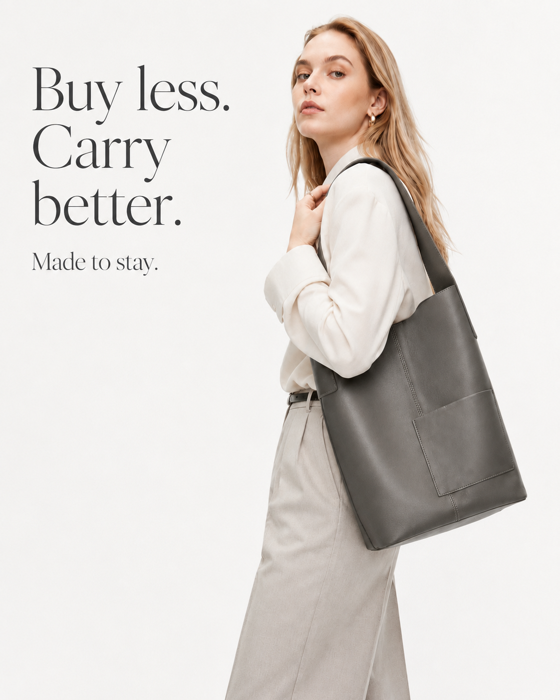 #Gray Top-Grain Leather Hobo Shoulder Bag
