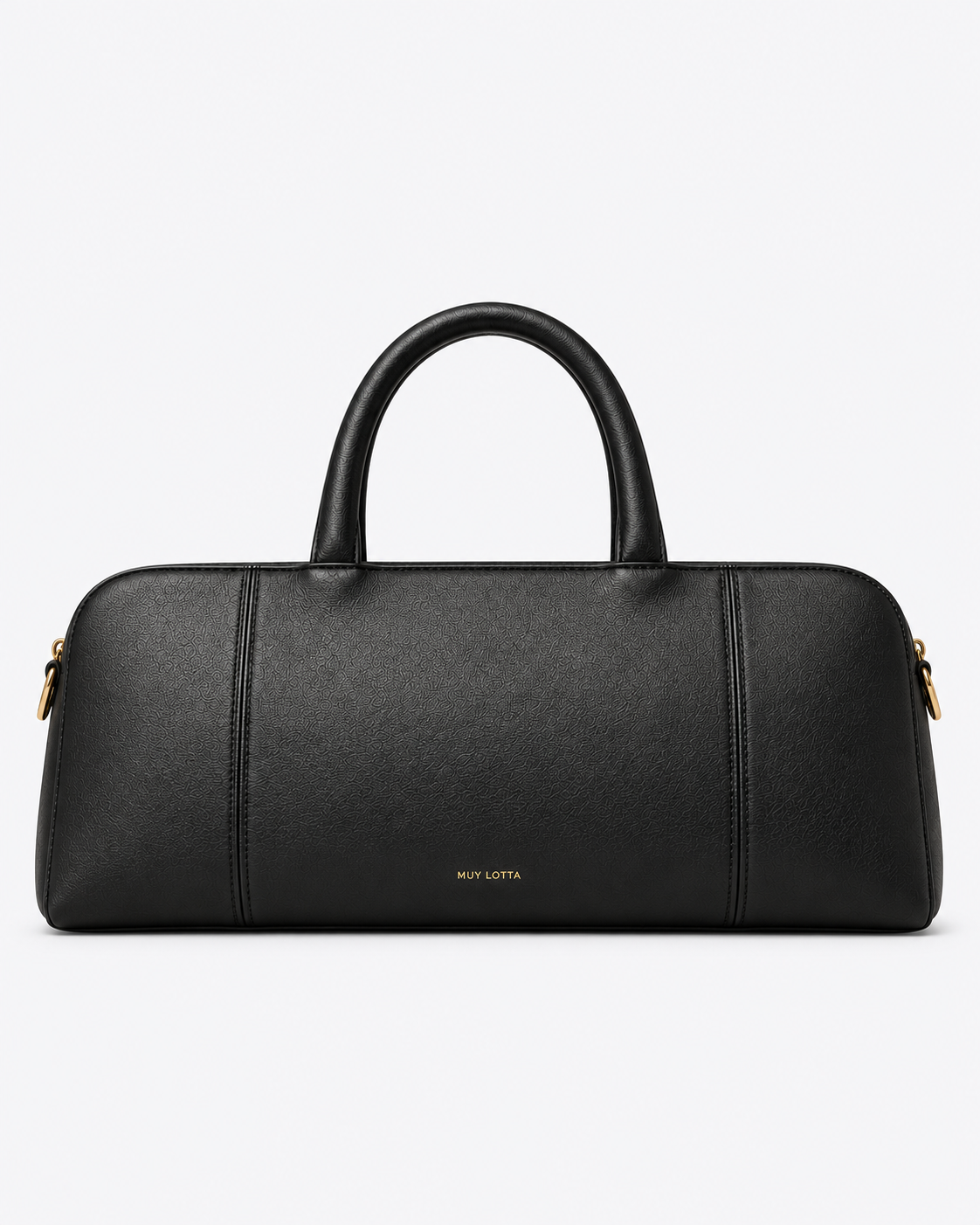 MUY LOTTA black baguette bag, front view with gold-tone logo.