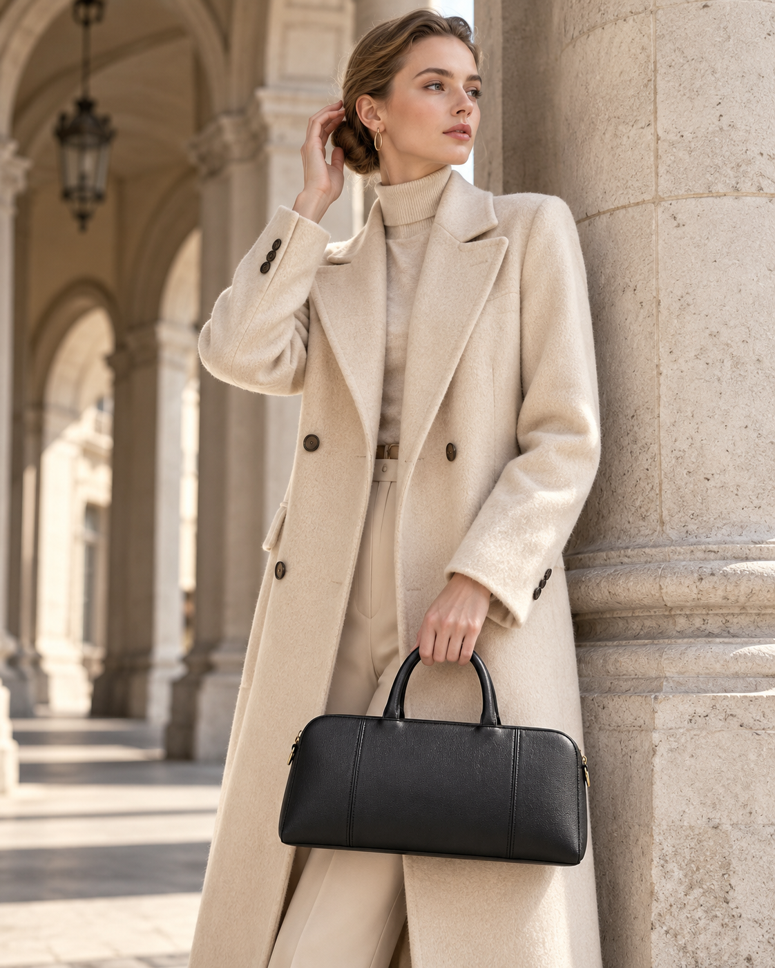 Model carrying a black MUY LOTTA baguette bag beneath a stone arcade.
