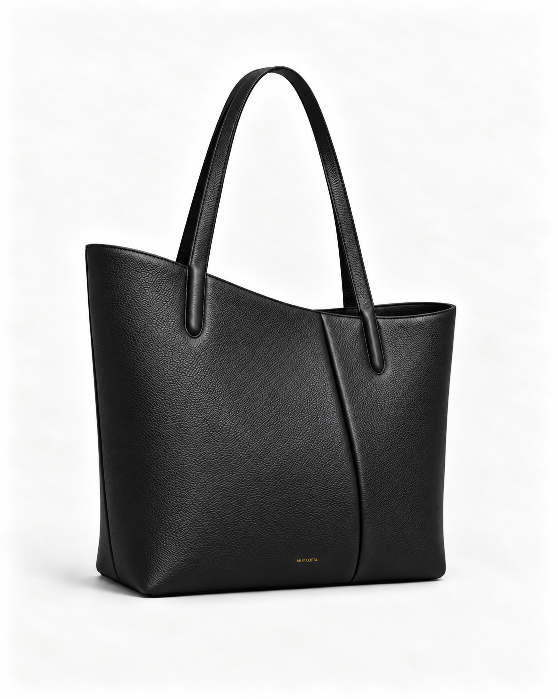 MUY LOTTA VEER Axis Black asymmetric leather work tote, three-quarter front view.