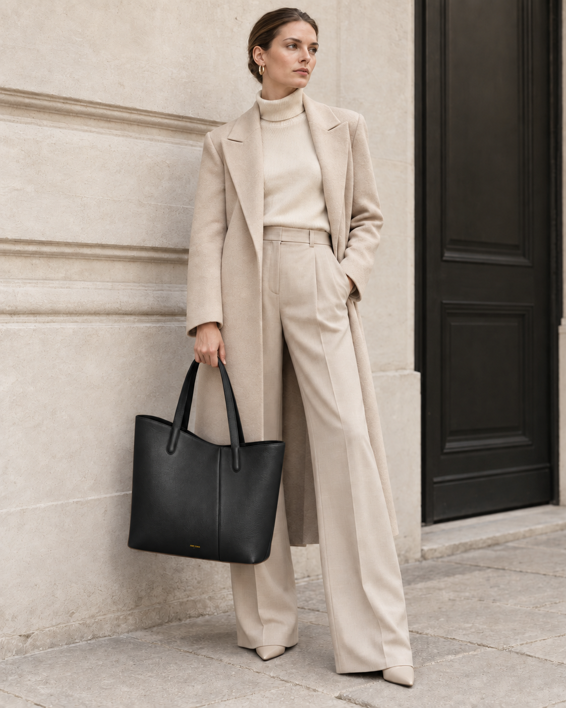 Model carrying the MUY LOTTA VEER Axis Black asymmetric leather tote.