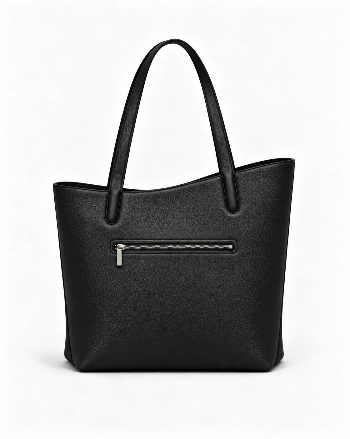 Rear view of the MUY LOTTA VEER Axis Black tote with exterior zip pocket.