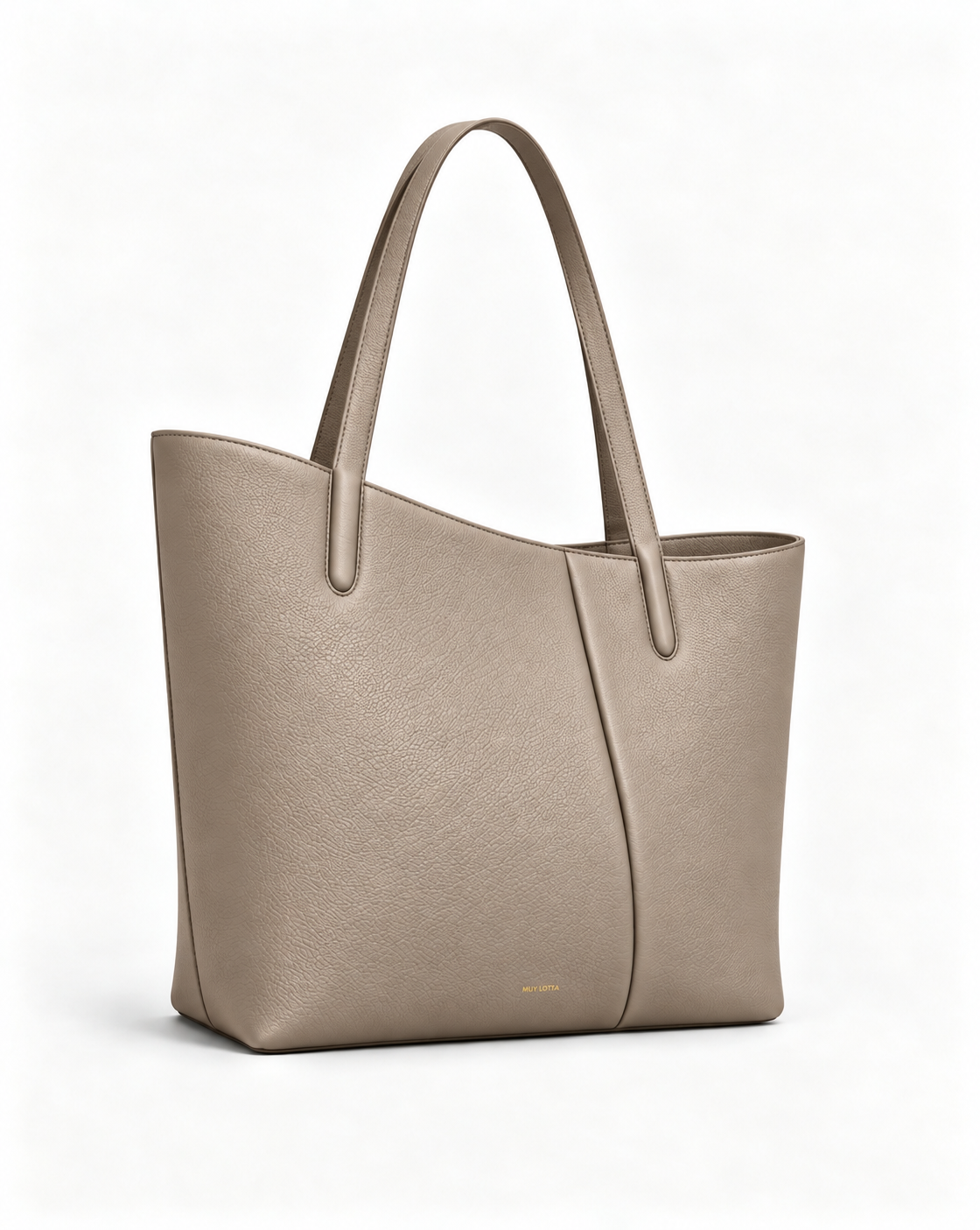 MUY LOTTA VEER Axis Gray Taupe asymmetric leather work tote, three-quarter front view.