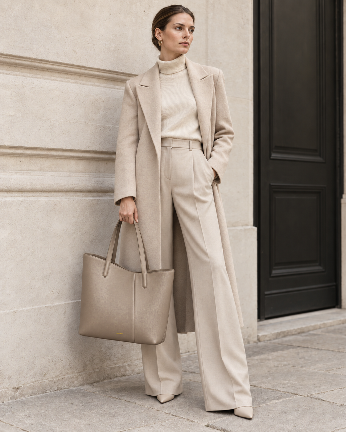 Model carrying the MUY LOTTA VEER Axis Gray Taupe asymmetric leather tote.