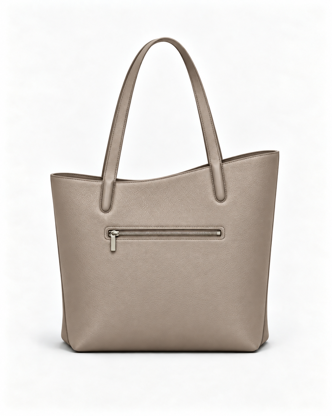 Rear view of the MUY LOTTA VEER Axis Gray Taupe tote with exterior zip pocket.