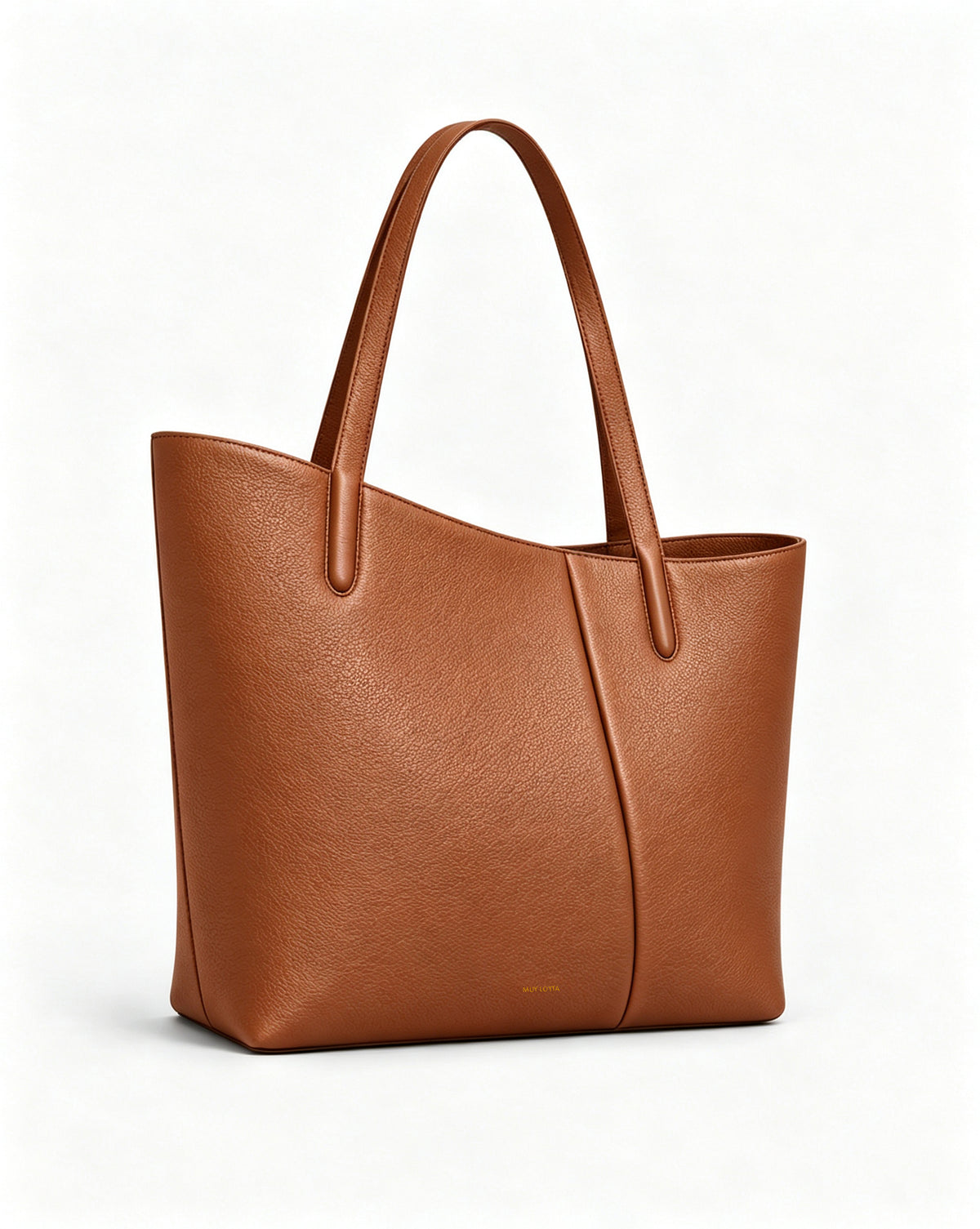 MUY LOTTA VEER Axis Warm Brown asymmetric leather work tote, three-quarter front view.
