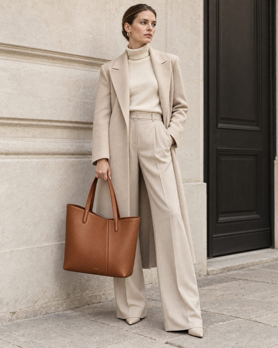 Model carrying the MUY LOTTA VEER Axis Warm Brown asymmetric leather tote.