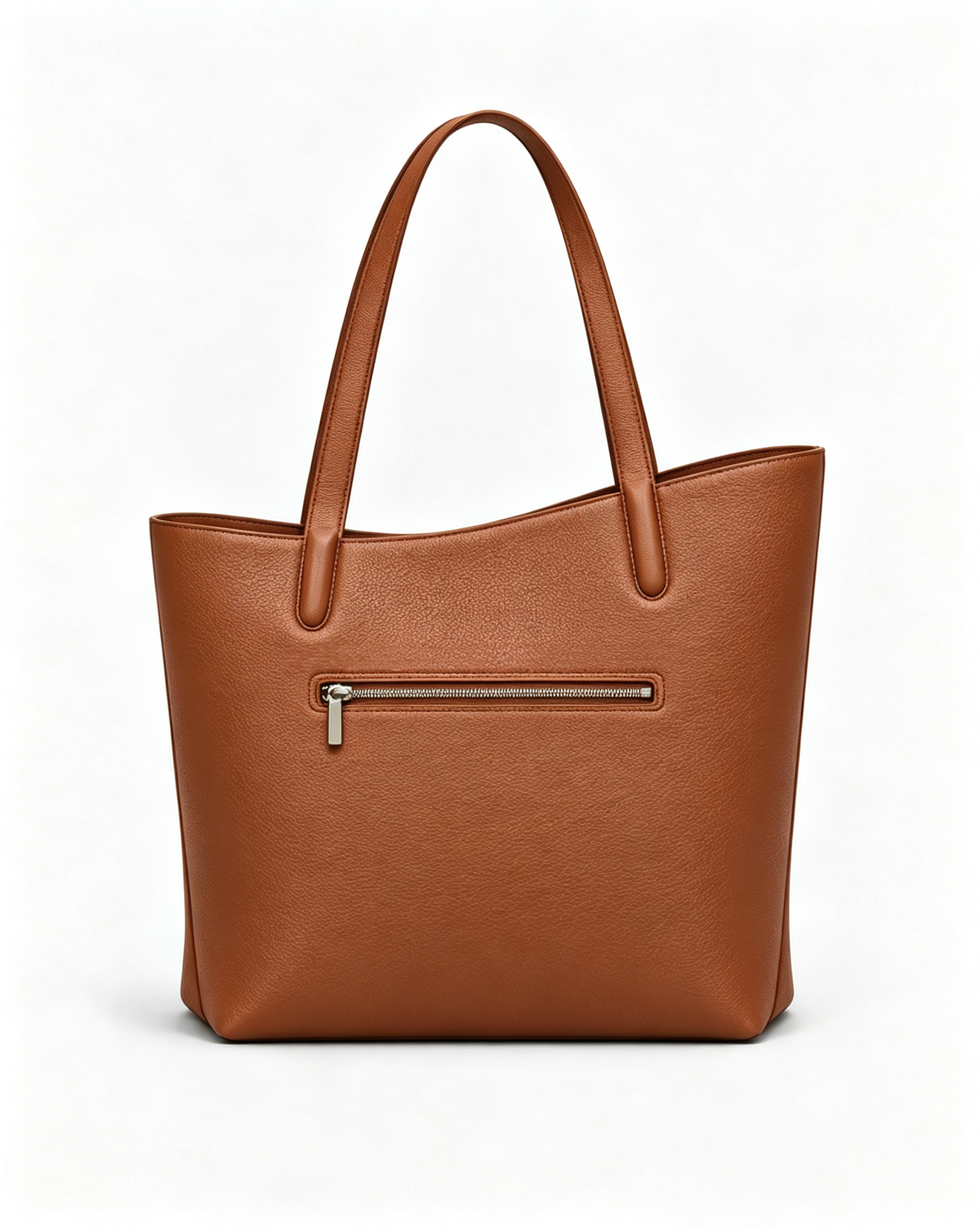Rear view of the MUY LOTTA VEER Axis Warm Brown tote with exterior zip pocket.